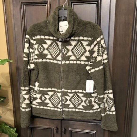 Lucky Brand Grape Leaf Geometric Print Faux Fur Stand Collar Zip Jacket - Picture 1 of 11